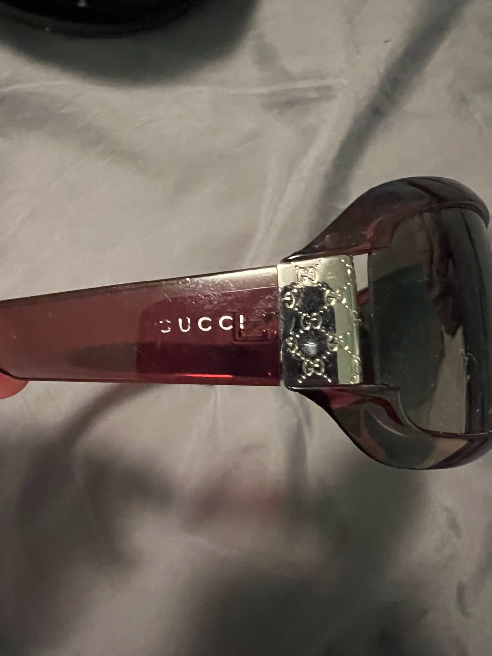 Gucci Women's Transparent Burgundy Sunglasses with Silver GG Temple
